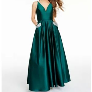 Plunging Neckline Satin Dark Green Ball Gown